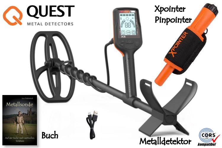 Quest X5 Metalldetektor & Xpointer Pinpointer (orange) & Schatzsucherhandbuch (Rabattpreis)